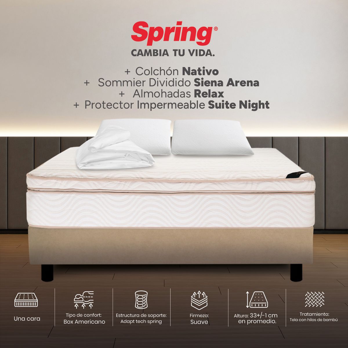 COLCHONES SPRING - Colchón Spring Doble Con Base Cama Firmeza Suave Ortopédico Resortado Nativo 140 x 190 cm + 2 Almohadas + Protector