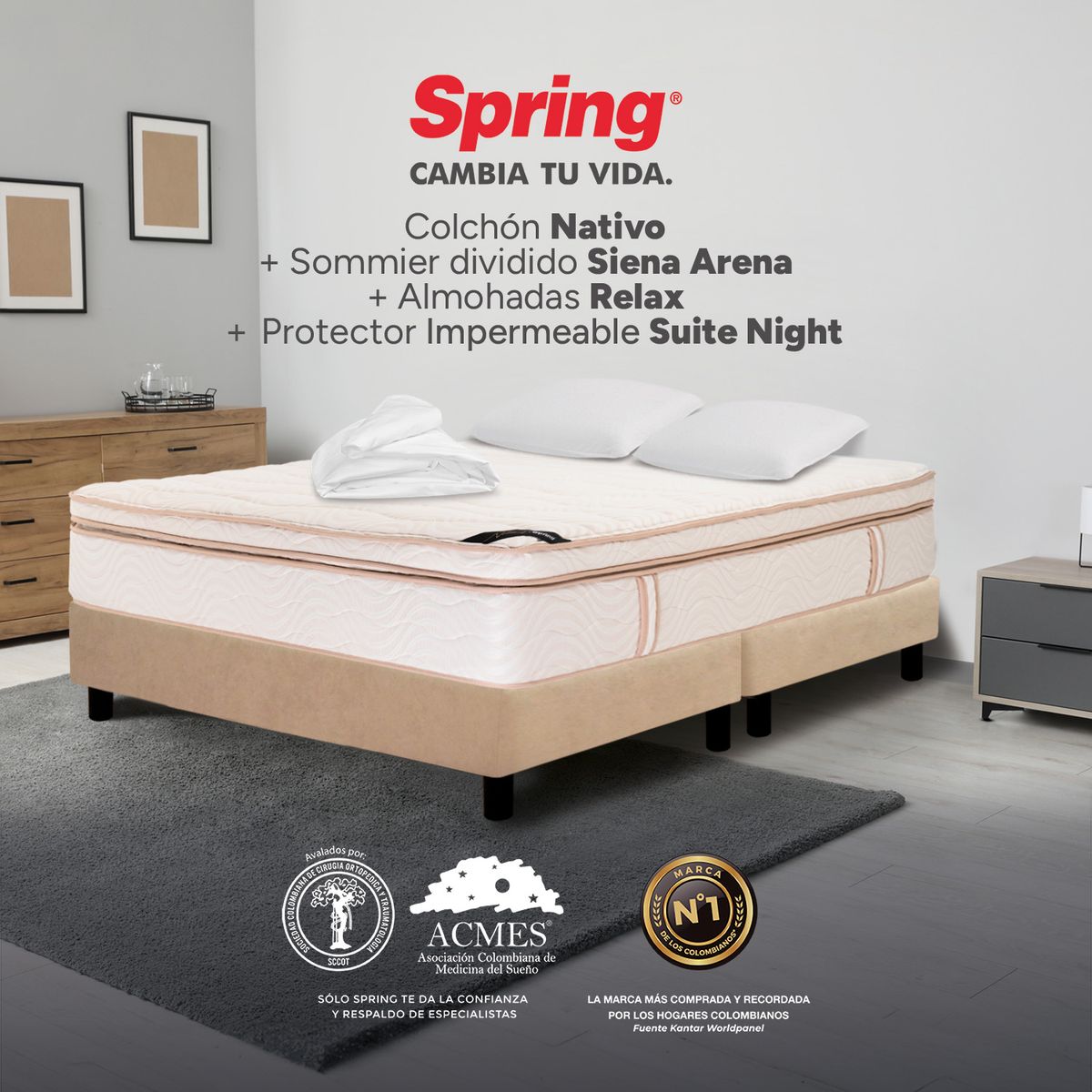COLCHONES SPRING - Colchón Spring Doble Con Base Cama Firmeza Suave Ortopédico Resortado Nativo 140 x 190 cm + 2 Almohadas + Protector