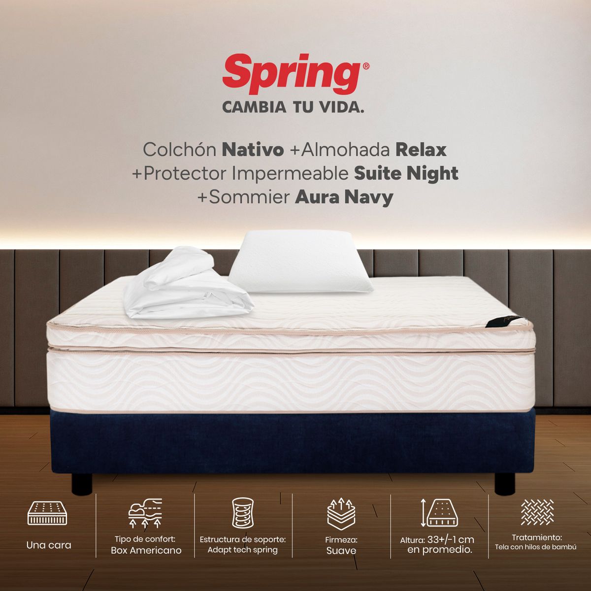 COLCHONES SPRING - Colchón Spring Sencillo Con Base Cama Firmeza Suave Ortopédico Resortado Nativo 100 x 190 cm + Almohada + Protector