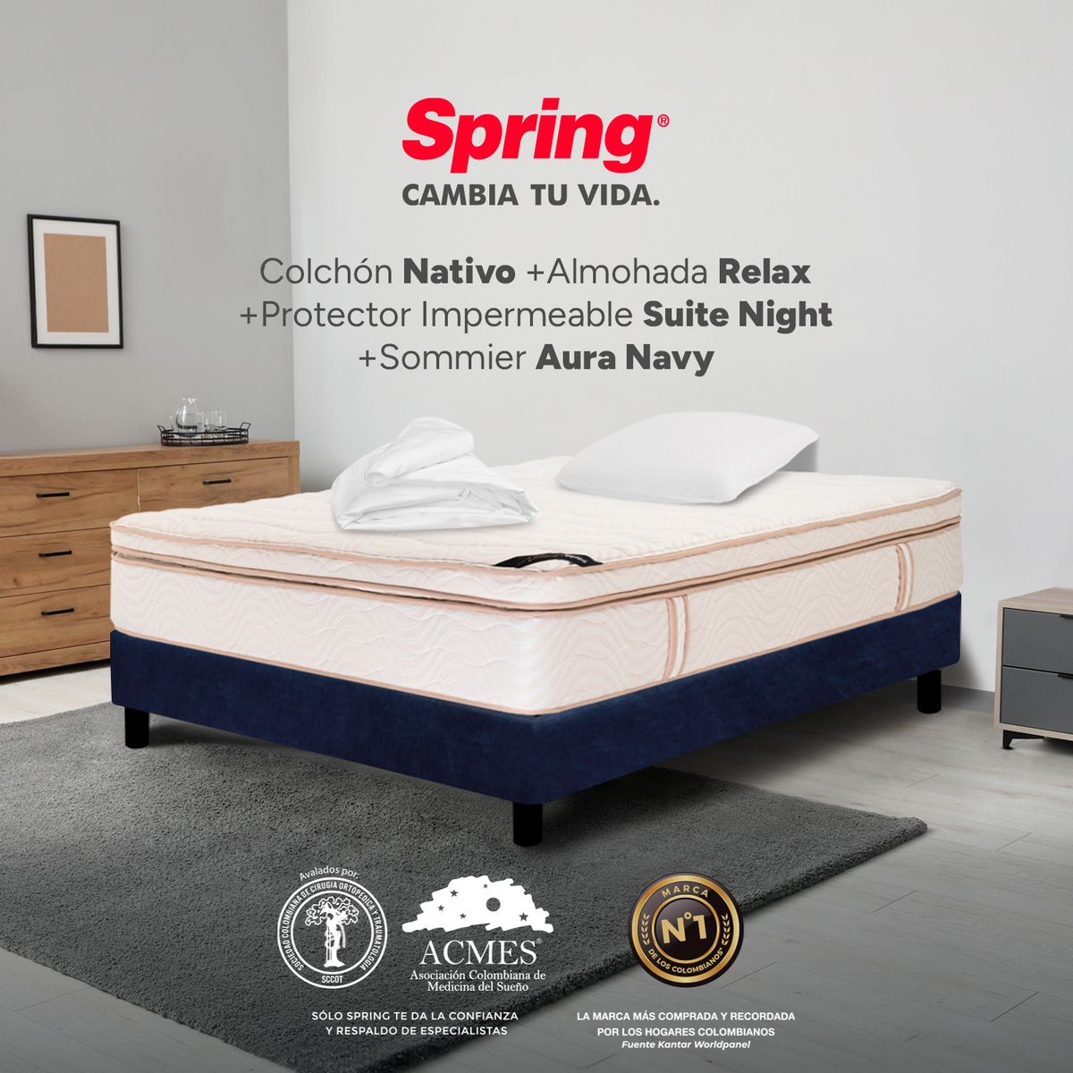 COLCHONES SPRING - Colchón Spring Sencillo Con Base Cama Firmeza Suave Ortopédico Resortado Nativo 100 x 190 cm + Almohada + Protector