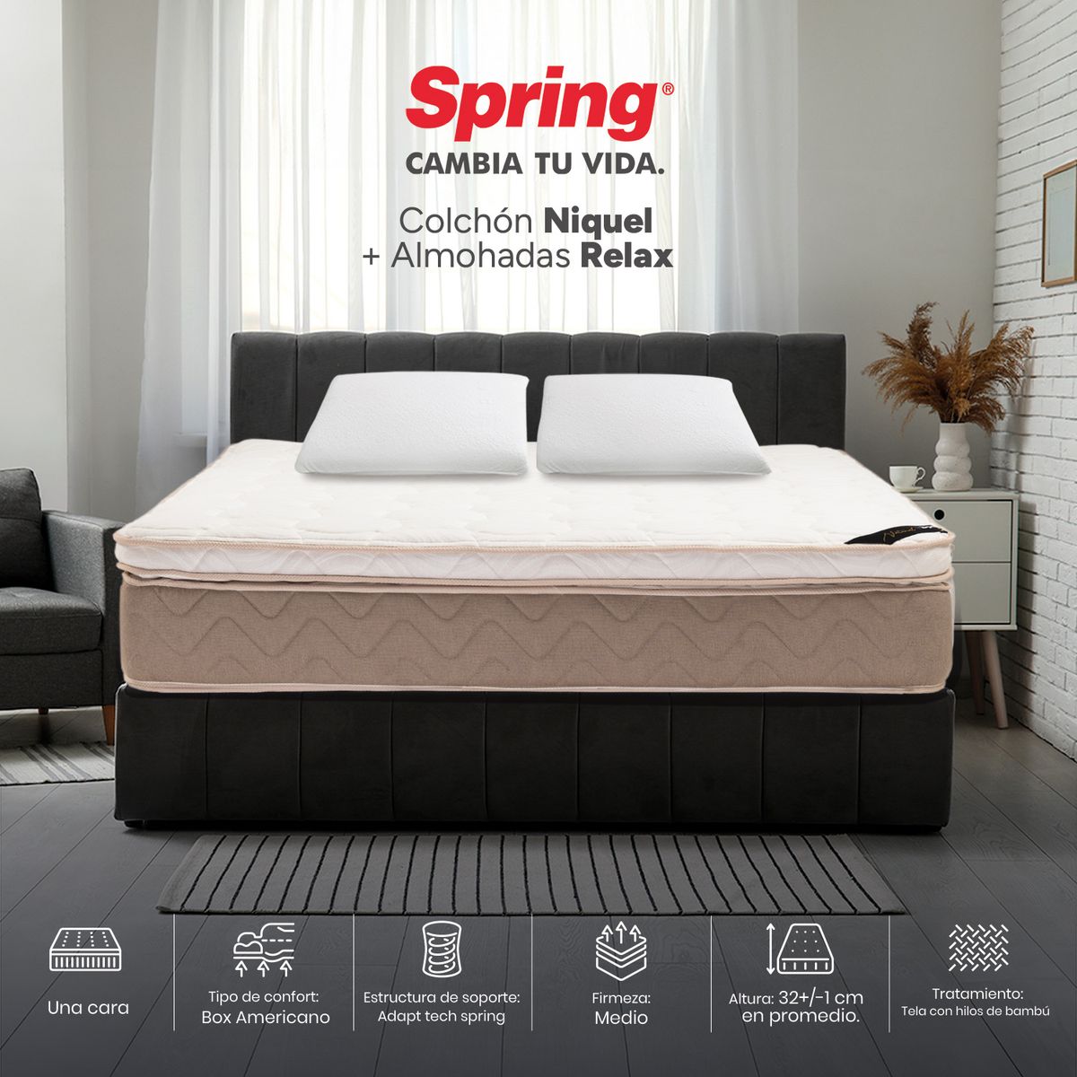COLCHONES SPRING - Colchón Spring Queen Firmeza Media Ortopédico Resortado Niquel 160 x 190 cm + 2 Almohadas