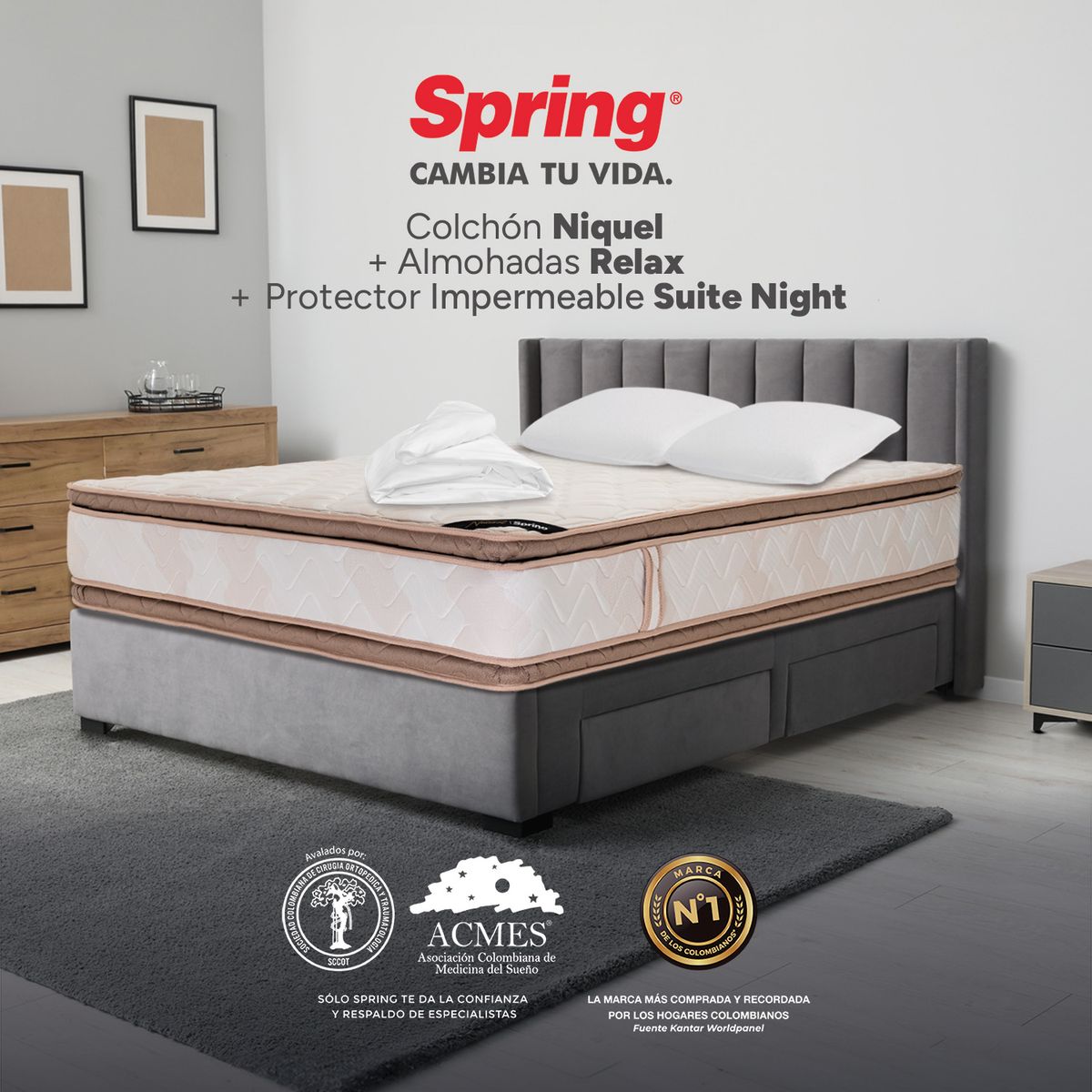 COLCHONES SPRING - Colchón Spring Doble Firmeza Media Ortopédico Resortado Niquel 140 x 190 cm + 2 Almohadas + Protector