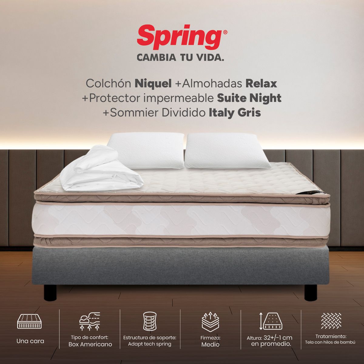 COLCHONES SPRING - Colchón Spring Doble Con Base Cama Firmeza Media Ortopédico Resortado Niquel 140 x 190 cm + 2 Almohadas + Protector