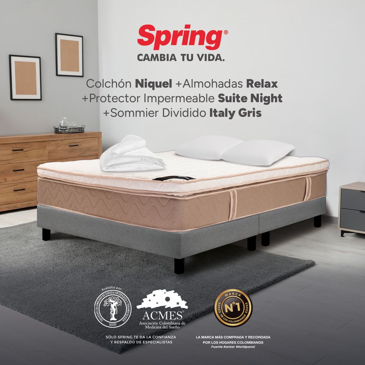 COLCHONES SPRING - Colchón Spring Doble Con Base Cama Firmeza Media Ortopédico Resortado Niquel 140 x 190 cm + 2 Almohadas + Protector