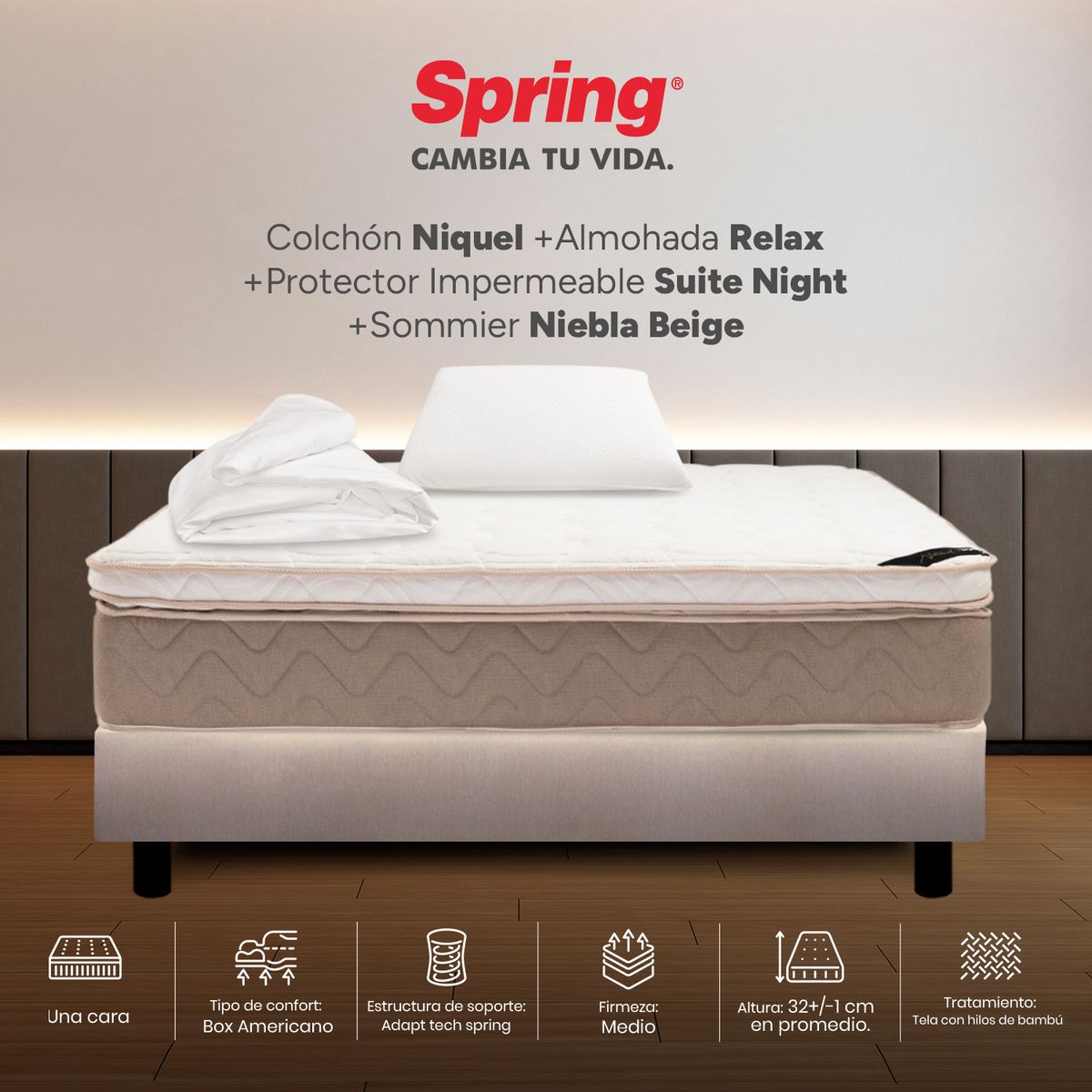 COLCHONES SPRING - Colchón Spring Sencillo Con Base Cama Firmeza Media Ortopédico Resortado Niquel 100 x 190 cm + Almohada + Protector