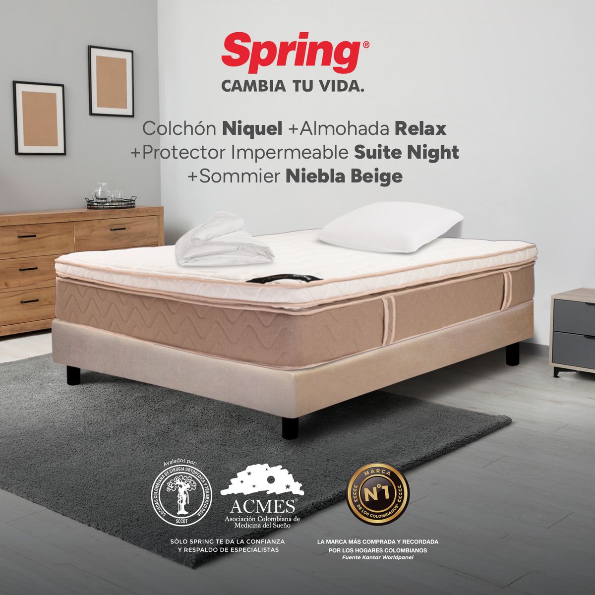 COLCHONES SPRING - Colchón Spring Sencillo Con Base Cama Firmeza Media Ortopédico Resortado Niquel 100 x 190 cm + Almohada + Protector