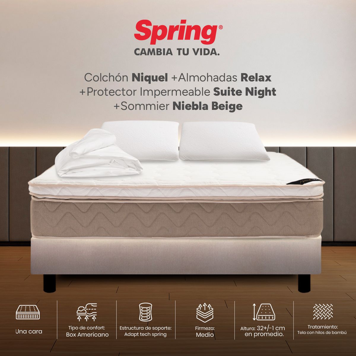 COLCHONES SPRING - Colchón Spring Semidoble Con Base Cama Firmeza Media Ortopédico Resortado Niquel 120 x 190 cm + Almohada + Protector