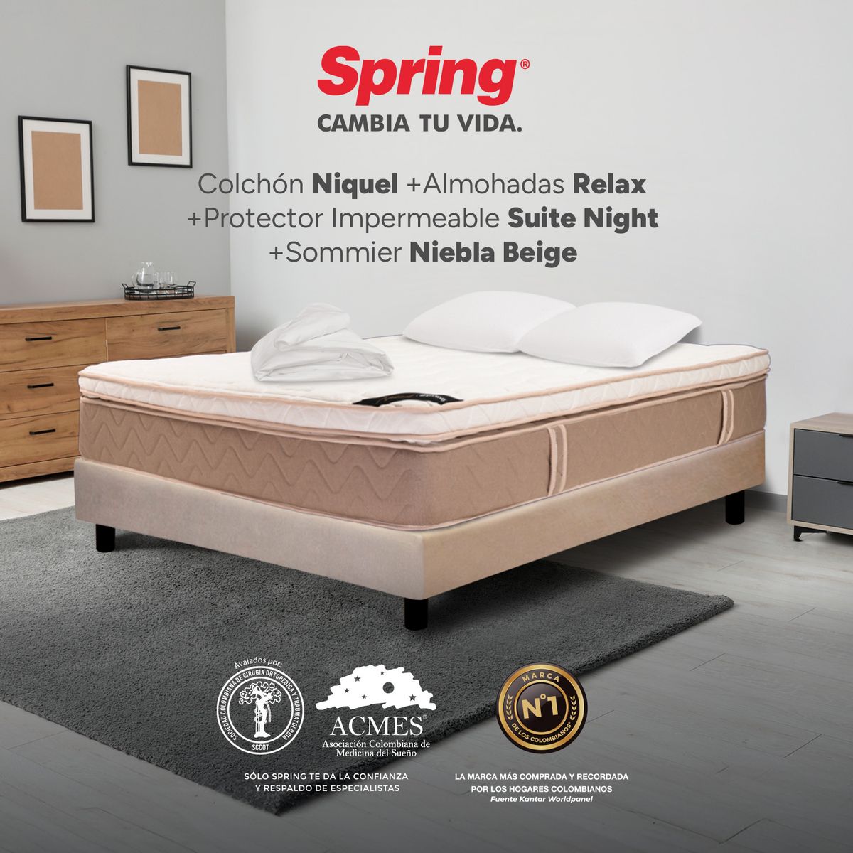 COLCHONES SPRING - Colchón Spring Semidoble Con Base Cama Firmeza Media Ortopédico Resortado Niquel 120 x 190 cm + Almohada + Protector