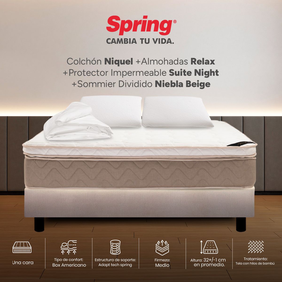 COLCHONES SPRING - Colchón Spring Doble Con Base Cama Firmeza Media Ortopédico Resortado Niquel 140 x 190 cm + 2 Almohadas + Protector