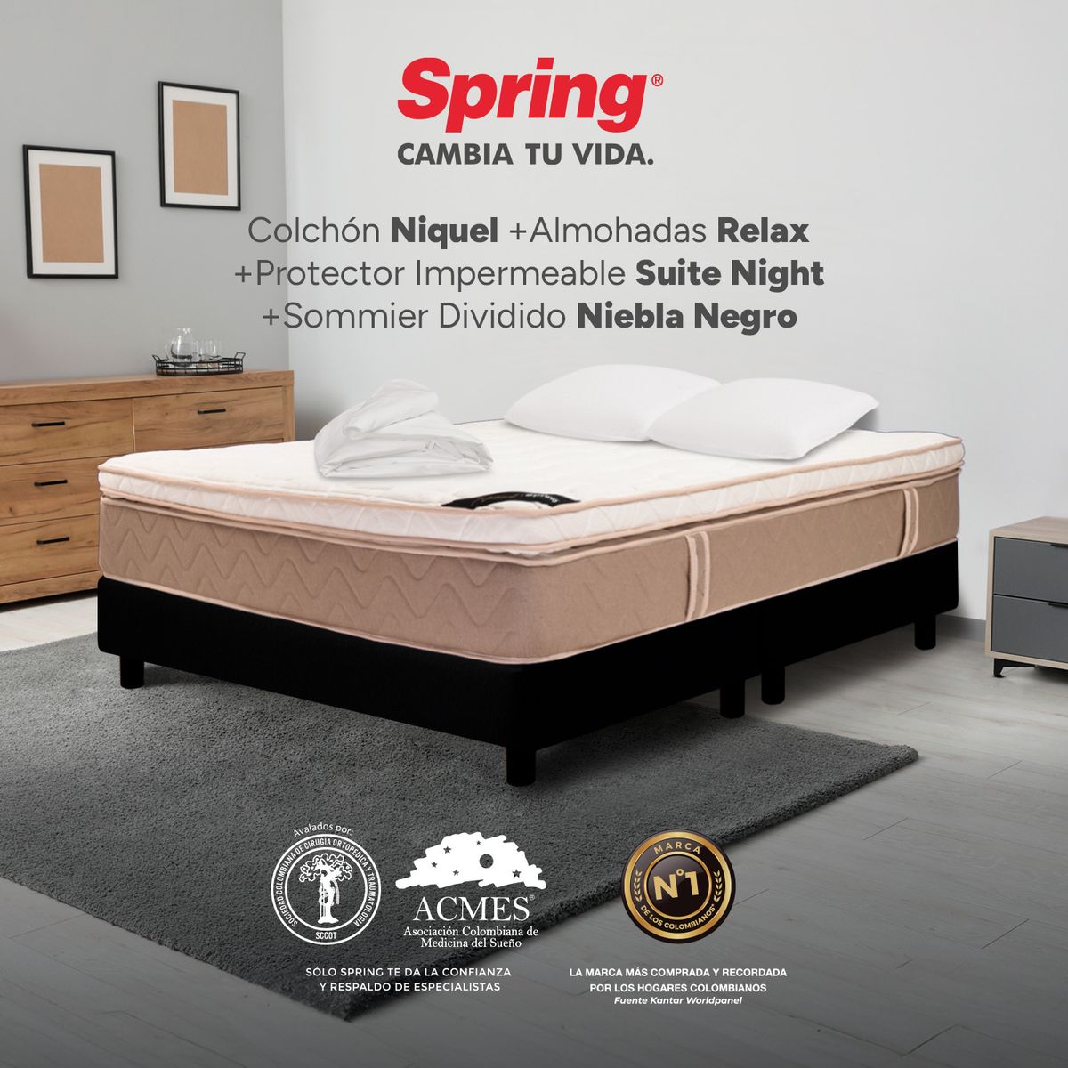 COLCHONES SPRING - Colchón Spring King Con Base Cama Firmeza Media Ortopédico Resortado Niquel 200 x 200 cm + 2 Almohadas + Protector