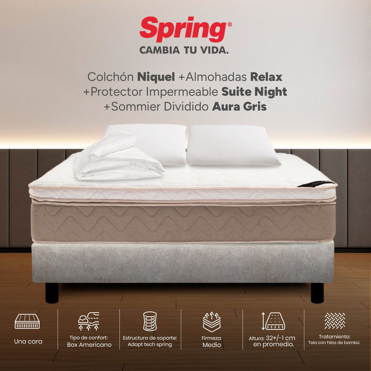 COLCHONES SPRING - Colchón Spring Queen Con Base Cama Firmeza Media Ortopédico Resortado Niquel 160 x 190 cm + 2 Almohadas + Protector