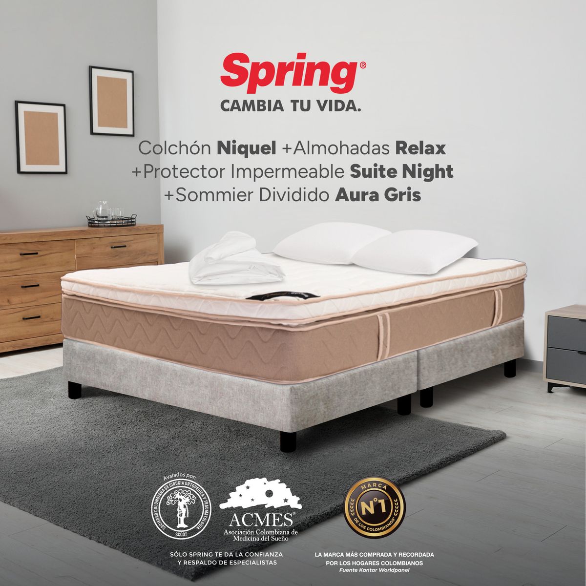 COLCHONES SPRING - Colchón Spring Queen Con Base Cama Firmeza Media Ortopédico Resortado Niquel 160 x 190 cm + 2 Almohadas + Protector