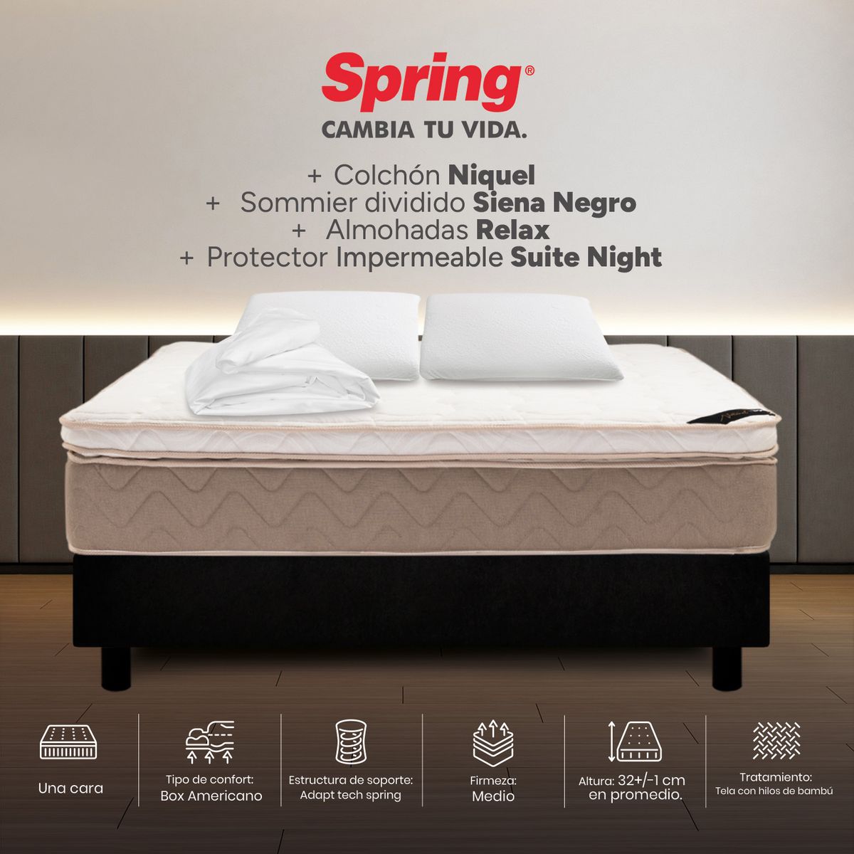 COLCHONES SPRING - Colchón Spring King Con Base Cama Firmeza Media Ortopédico Resortado Niquel 200 x 200 cm + 2 Almohadas + Protector
