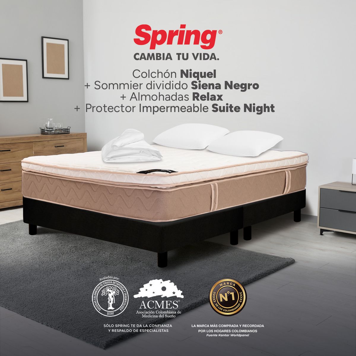 COLCHONES SPRING - Colchón Spring King Con Base Cama Firmeza Media Ortopédico Resortado Niquel 200 x 200 cm + 2 Almohadas + Protector