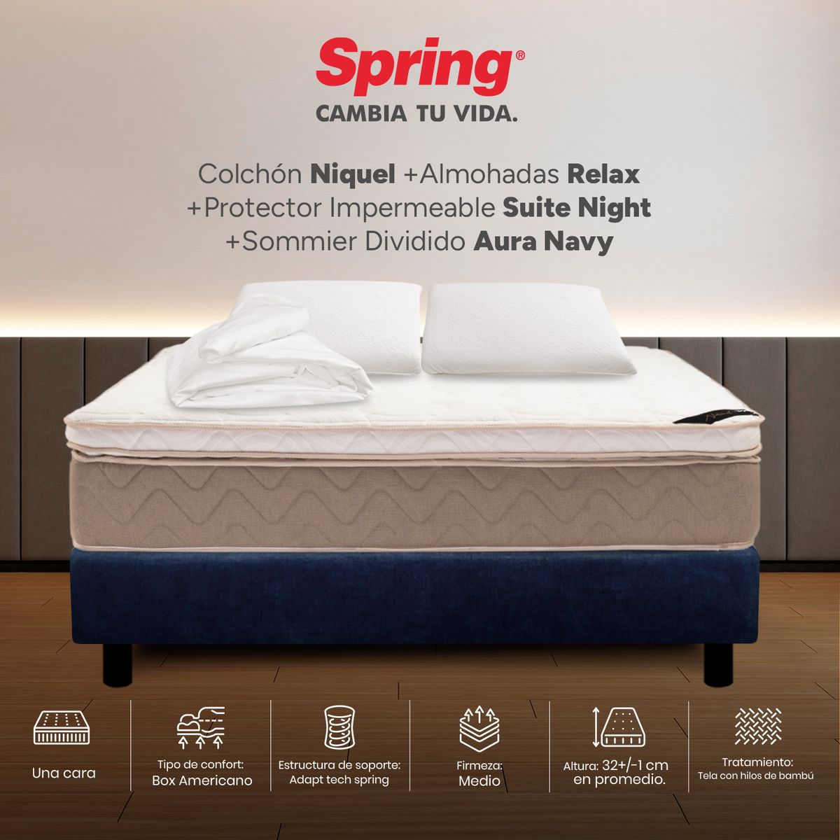 COLCHONES SPRING - Colchón Spring King Con Base Cama Firmeza Media Ortopédico Resortado Niquel 200 x 200 cm + 2 Almohadas + Protector