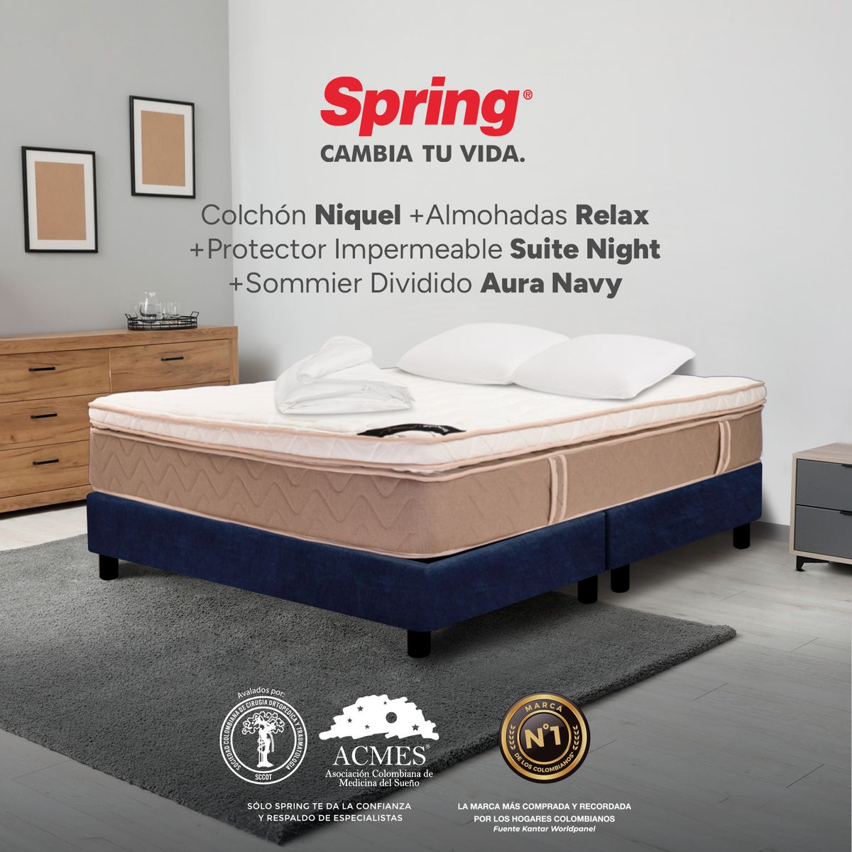 COLCHONES SPRING - Colchón Spring King Con Base Cama Firmeza Media Ortopédico Resortado Niquel 200 x 200 cm + 2 Almohadas + Protector