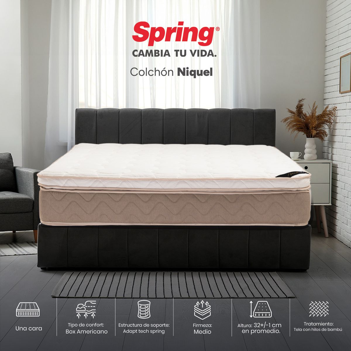 COLCHONES SPRING - Colchón Spring Queen Firmeza Media Ortopédico Resortado Niquel 160 x 190 cm