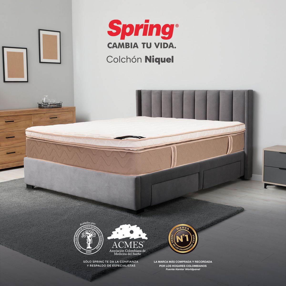 COLCHONES SPRING - Colchón Spring Queen Firmeza Media Ortopédico Resortado Niquel 160 x 190 cm