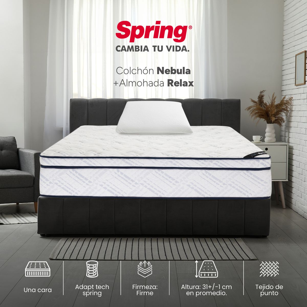 COLCHONES SPRING - Colchón Spring Sencillo Firme Ortopédico Resortado Nebula 100 x 190 cm + Almohada