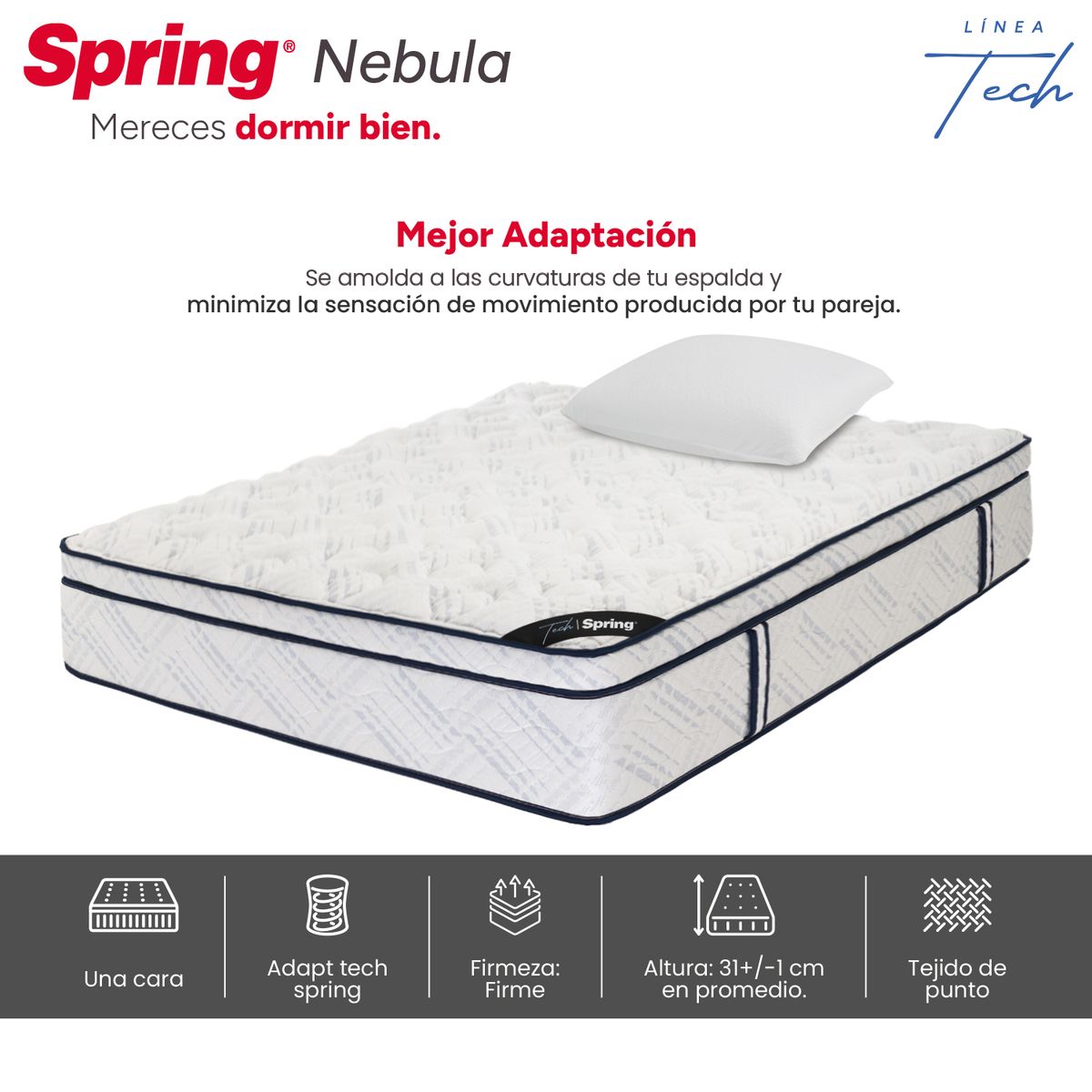 COLCHONES SPRING - Colchón Spring Sencillo Firme Ortopédico Resortado Nebula 100 x 190 cm + Almohada
