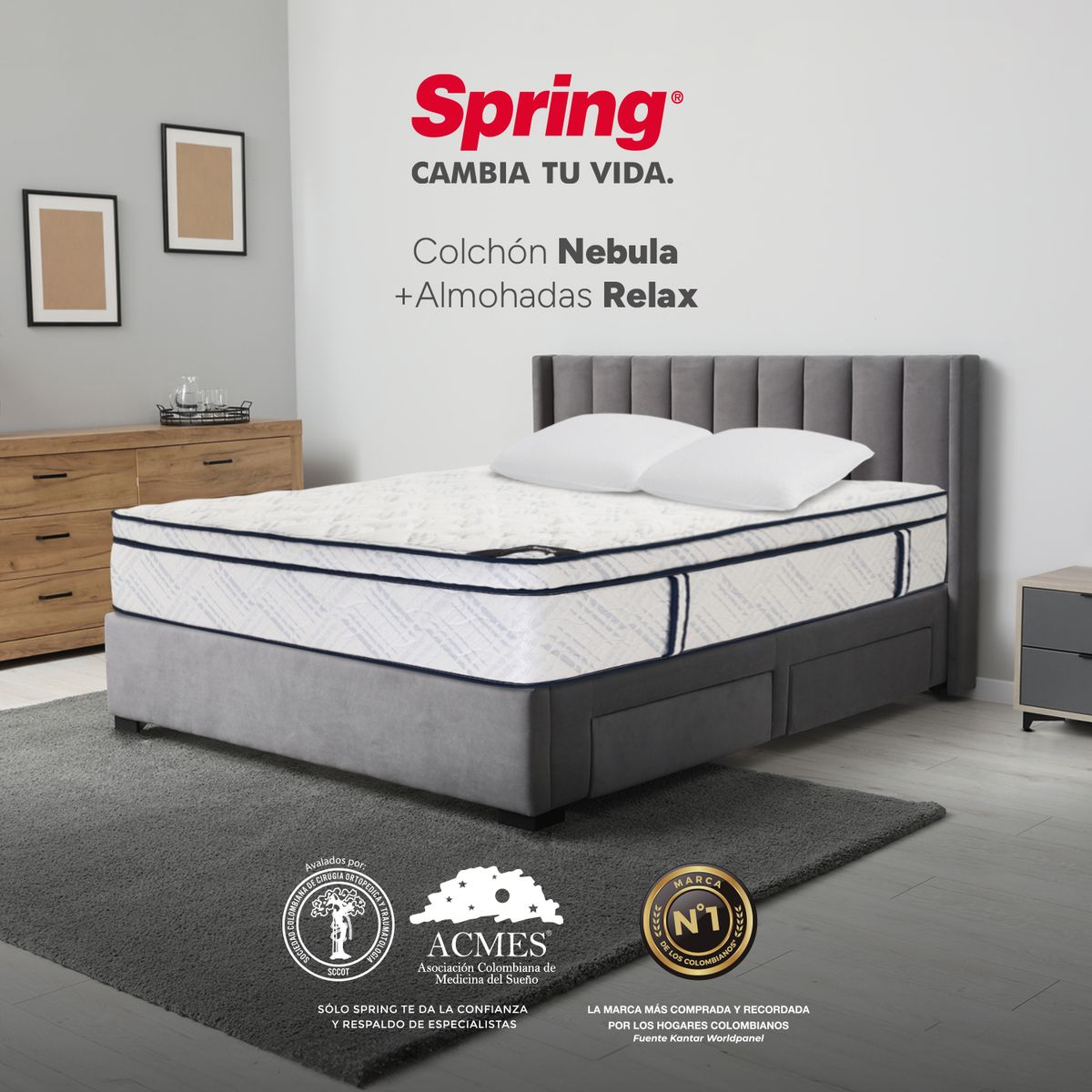 COLCHONES SPRING - Colchón Spring Queen Firme Ortopédico Resortado Nebula 160 x 190 cm + 2 Almohadas