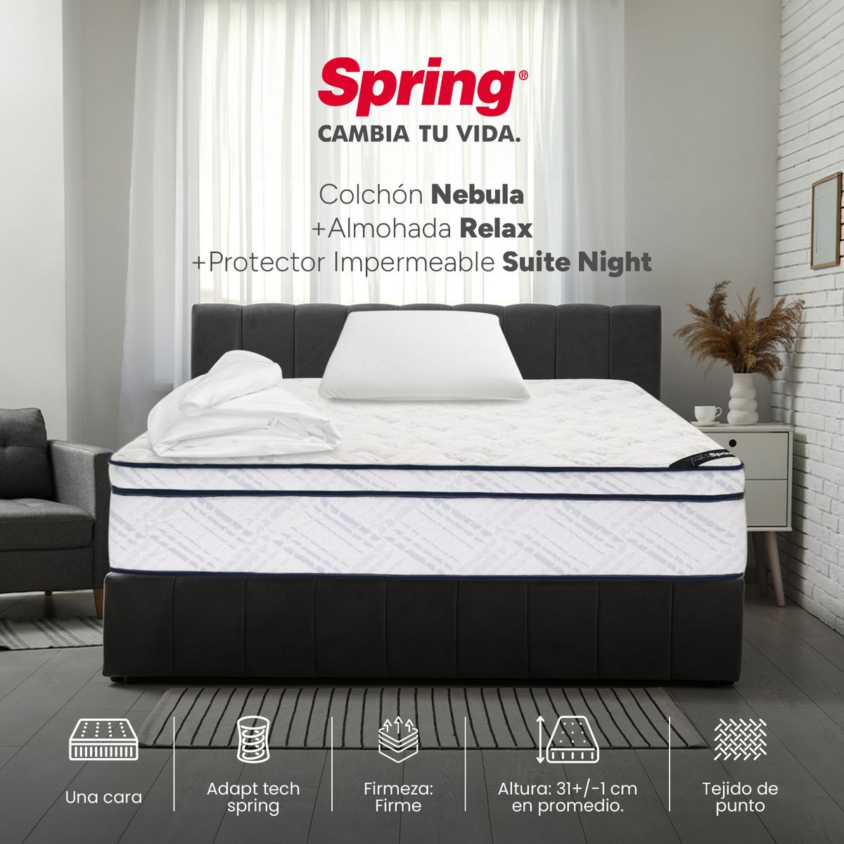 COLCHONES SPRING - Colchón Spring Semidoble Firme Ortopédico Resortado Nebula 120 x 190 cm + Almohada + Protector