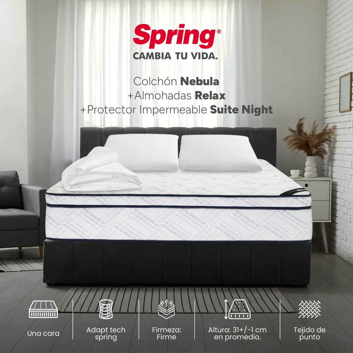 COLCHONES SPRING - Colchón Spring Doble Firme Ortopédico Resortado Nebula 140 x 190 cm + 2 Almohadas + Protector
