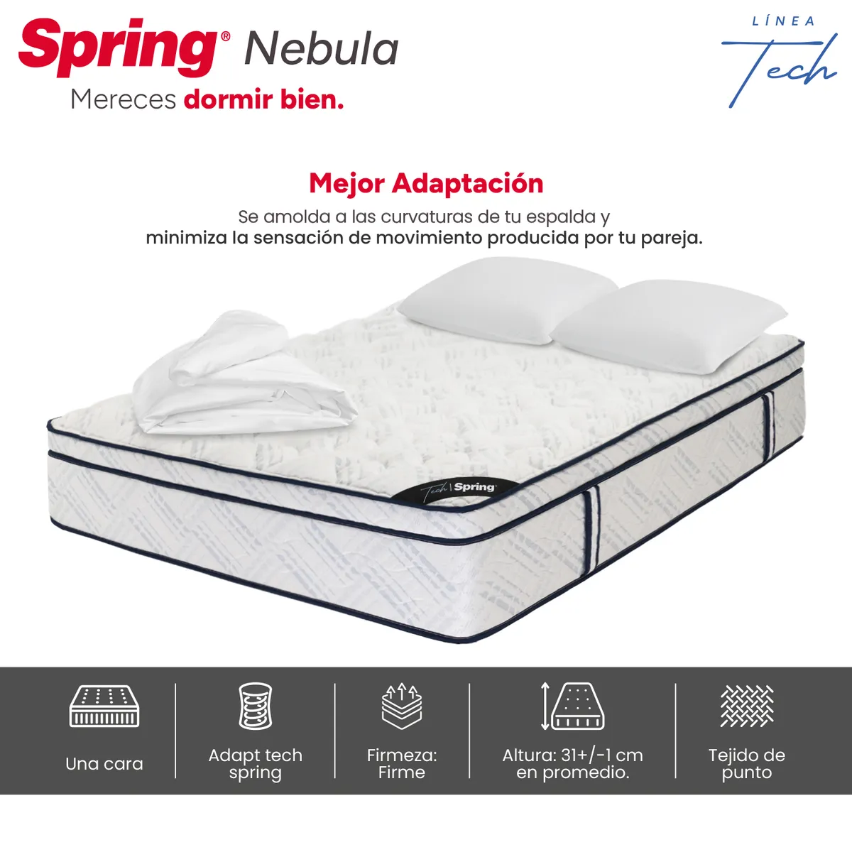 COLCHONES SPRING - Colchón Spring Doble Firme Ortopédico Resortado Nebula 140 x 190 cm + 2 Almohadas + Protector