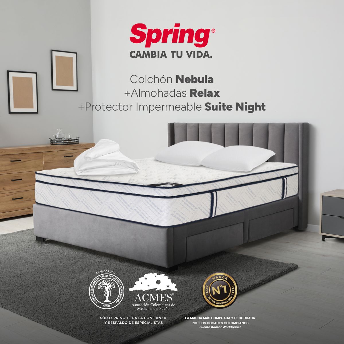 COLCHONES SPRING - Colchón Spring Queen Firme Ortopédico Resortado Nebula 160 x 190 cm + 2 Almohadas + Protector