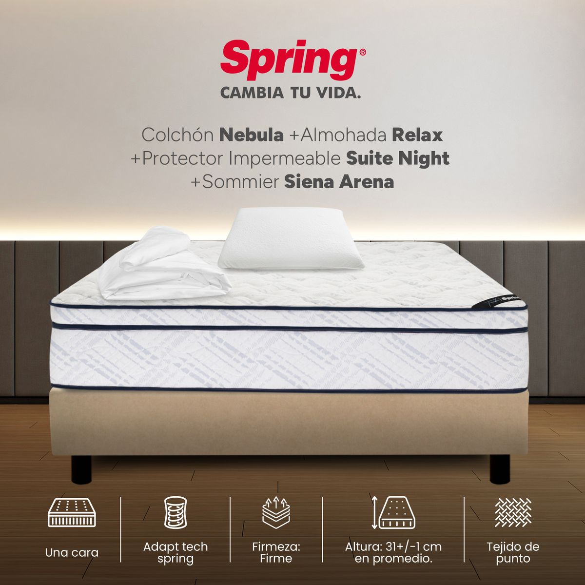 COLCHONES SPRING - Colchón Spring Semidoble Con Base Cama Firme Ortopédico Resortado Nebula 120 x 190 cm + Almohada + Protector