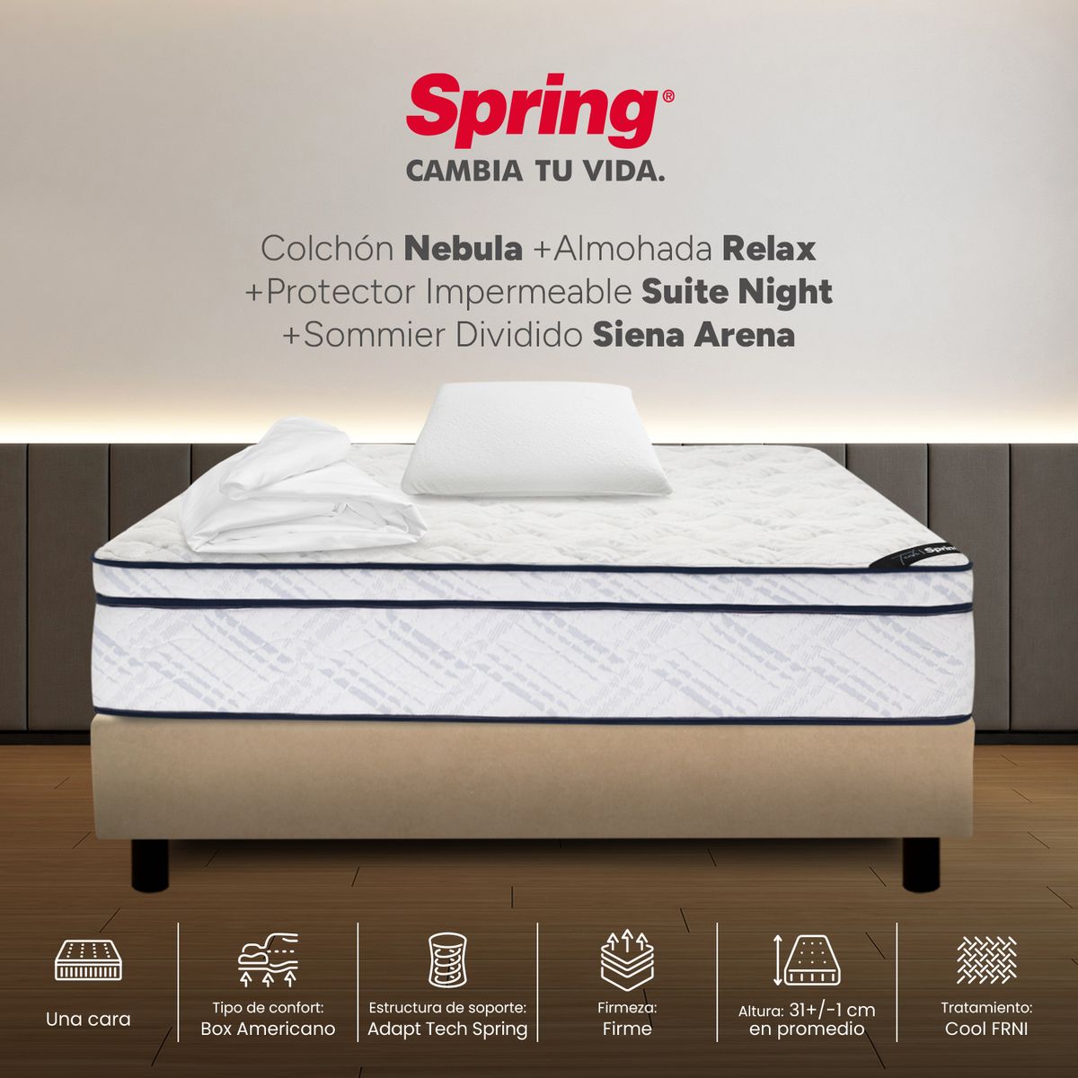 COLCHONES SPRING - Colchón Spring Semidoble Con Base Cama Firme Ortopédico Resortado Nebula 120 x 190 cm + Almohada + Protector