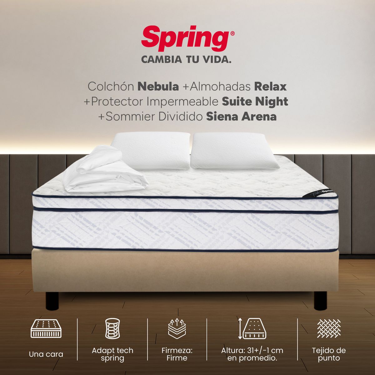 COLCHONES SPRING - Colchón Spring King Con Base Cama Firme Ortopédico Resortado Nebula 200 x 200 cm + 2 Almohadas + Protector