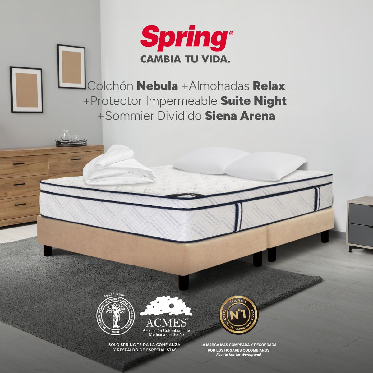 COLCHONES SPRING - Colchón Spring King Con Base Cama Firme Ortopédico Resortado Nebula 200 x 200 cm + 2 Almohadas + Protector