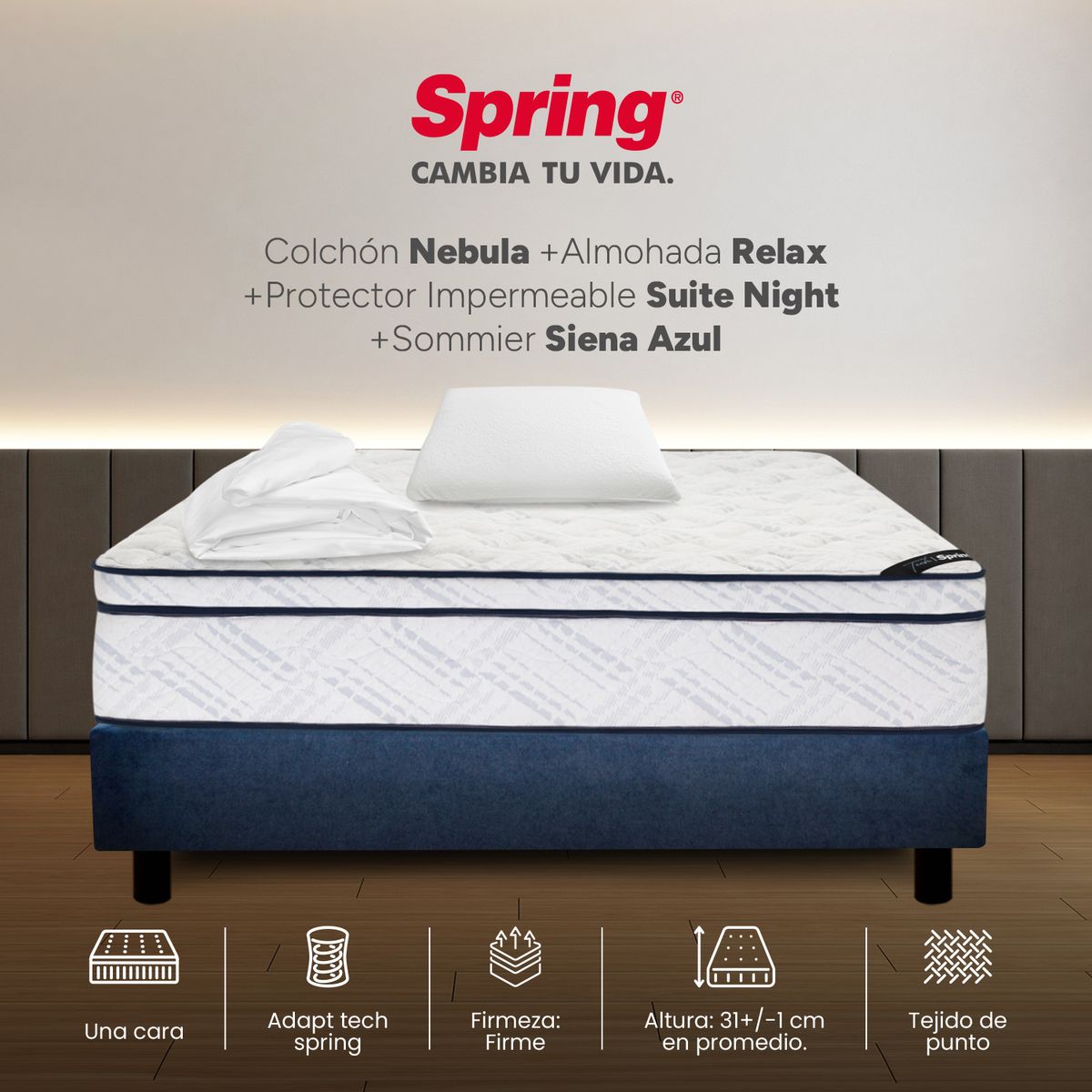 COLCHONES SPRING - Colchón Spring Semidoble Con Base Cama Firme Ortopédico Resortado Nebula 120 x 190 cm + Almohada + Protector