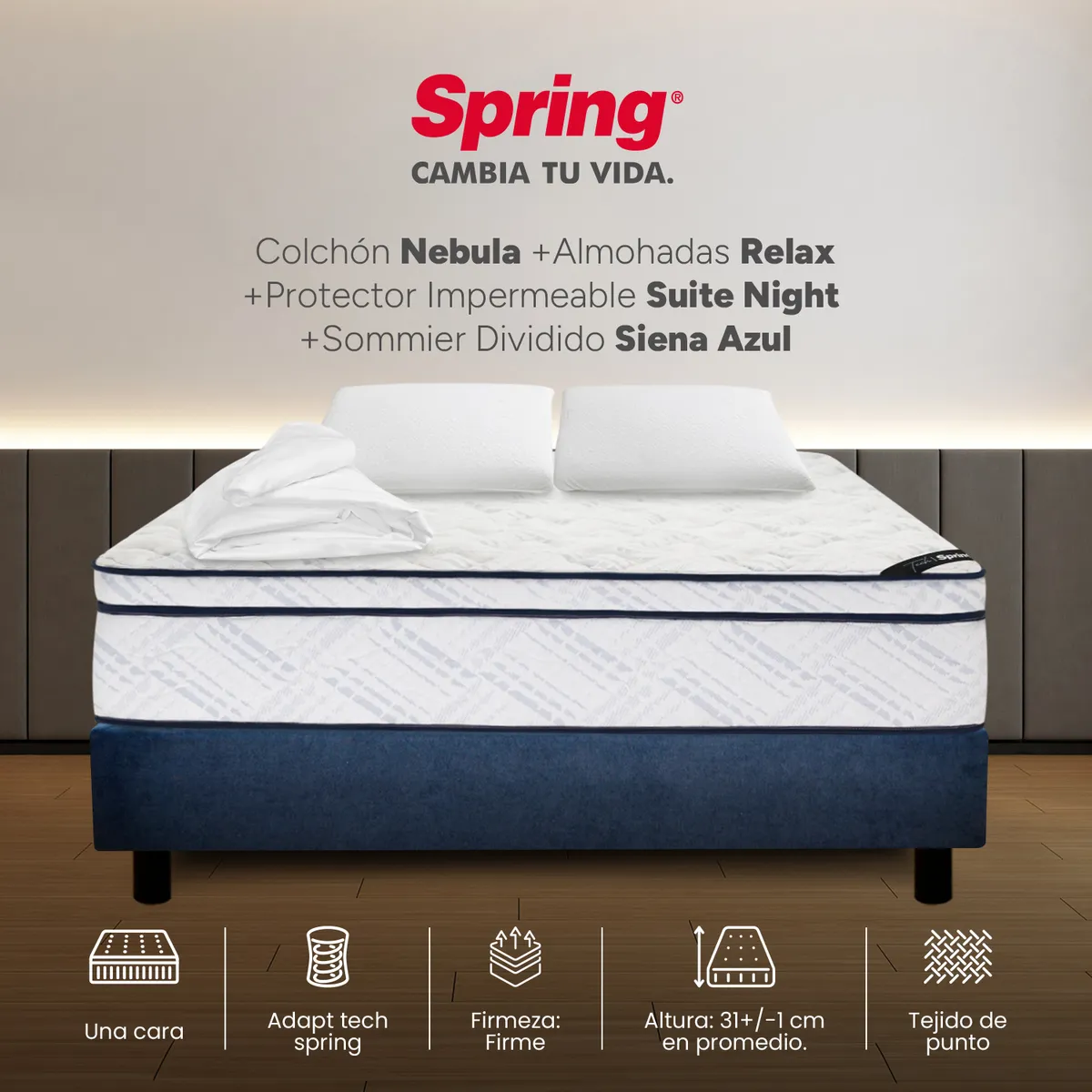 COLCHONES SPRING - Colchón Spring Doble Con Base Cama Firme Ortopédico Resortado Nebula 140 x 190 cm + 2 Almohadas + Protector