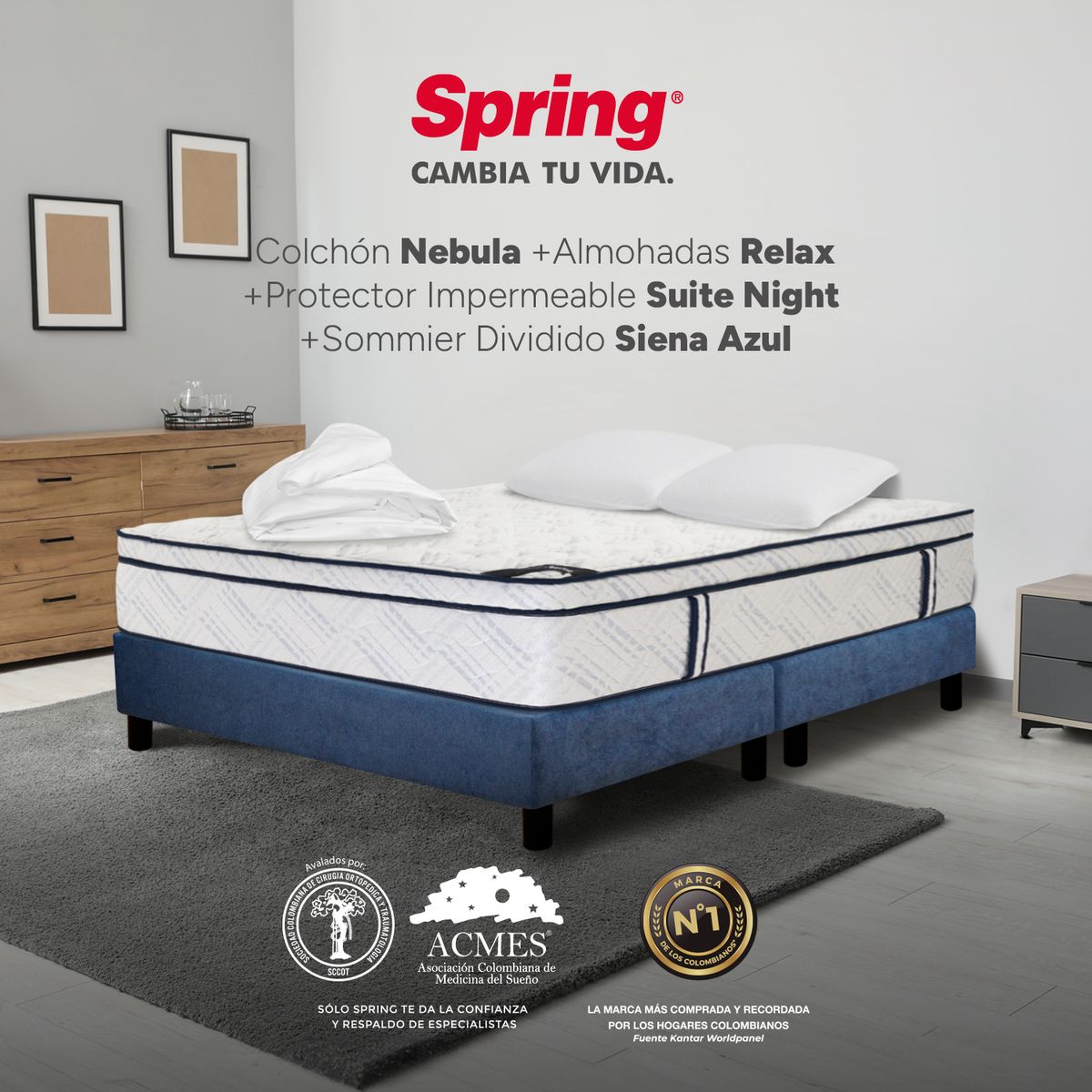 COLCHONES SPRING - Colchón Spring Doble Con Base Cama Firme Ortopédico Resortado Nebula 140 x 190 cm + 2 Almohadas + Protector