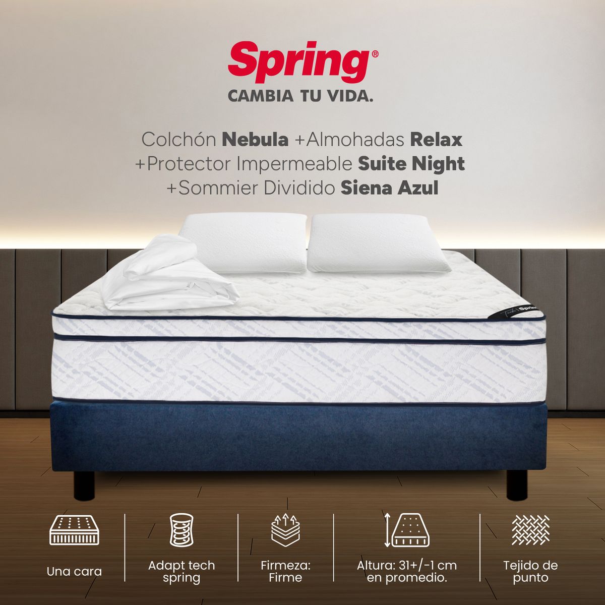 COLCHONES SPRING - Colchón Spring King Con Base Cama Firme Ortopédico Resortado Nebula 200 x 200 cm + 2 Almohadas + Protector