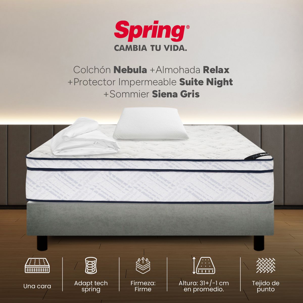 COLCHONES SPRING - Colchón Spring Semidoble Con Base Cama Firme Ortopédico Resortado Nebula 120 x 190 cm + Almohada + Protector