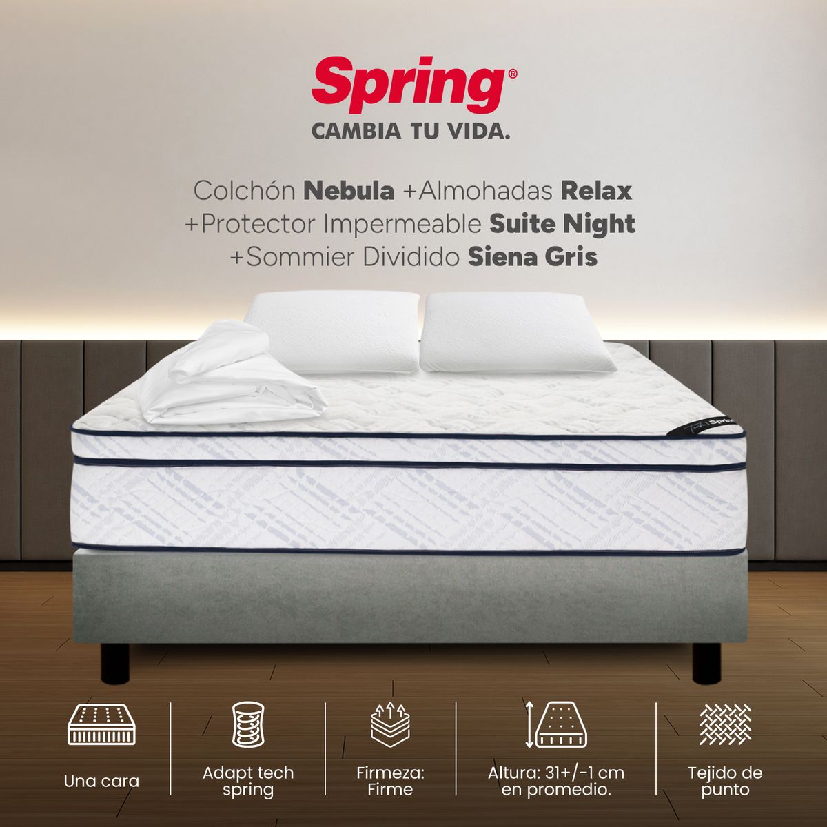 COLCHONES SPRING - Colchón Spring King Con Base Cama Firme Ortopédico Resortado Nebula 200 x 200 cm + 2 Almohadas + Protector