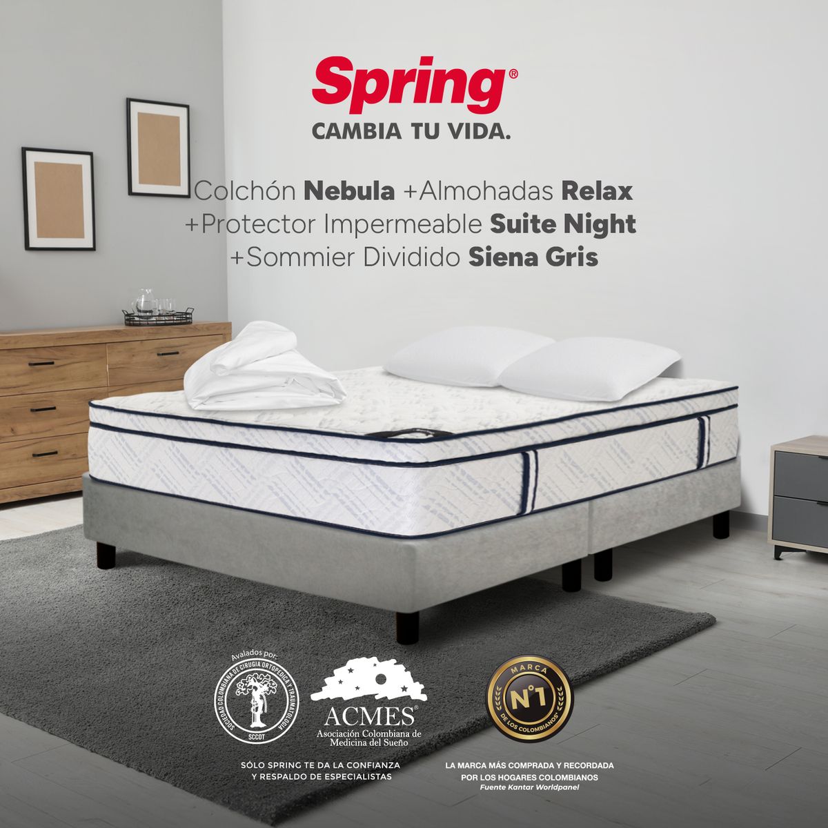 COLCHONES SPRING - Colchón Spring King Con Base Cama Firme Ortopédico Resortado Nebula 200 x 200 cm + 2 Almohadas + Protector