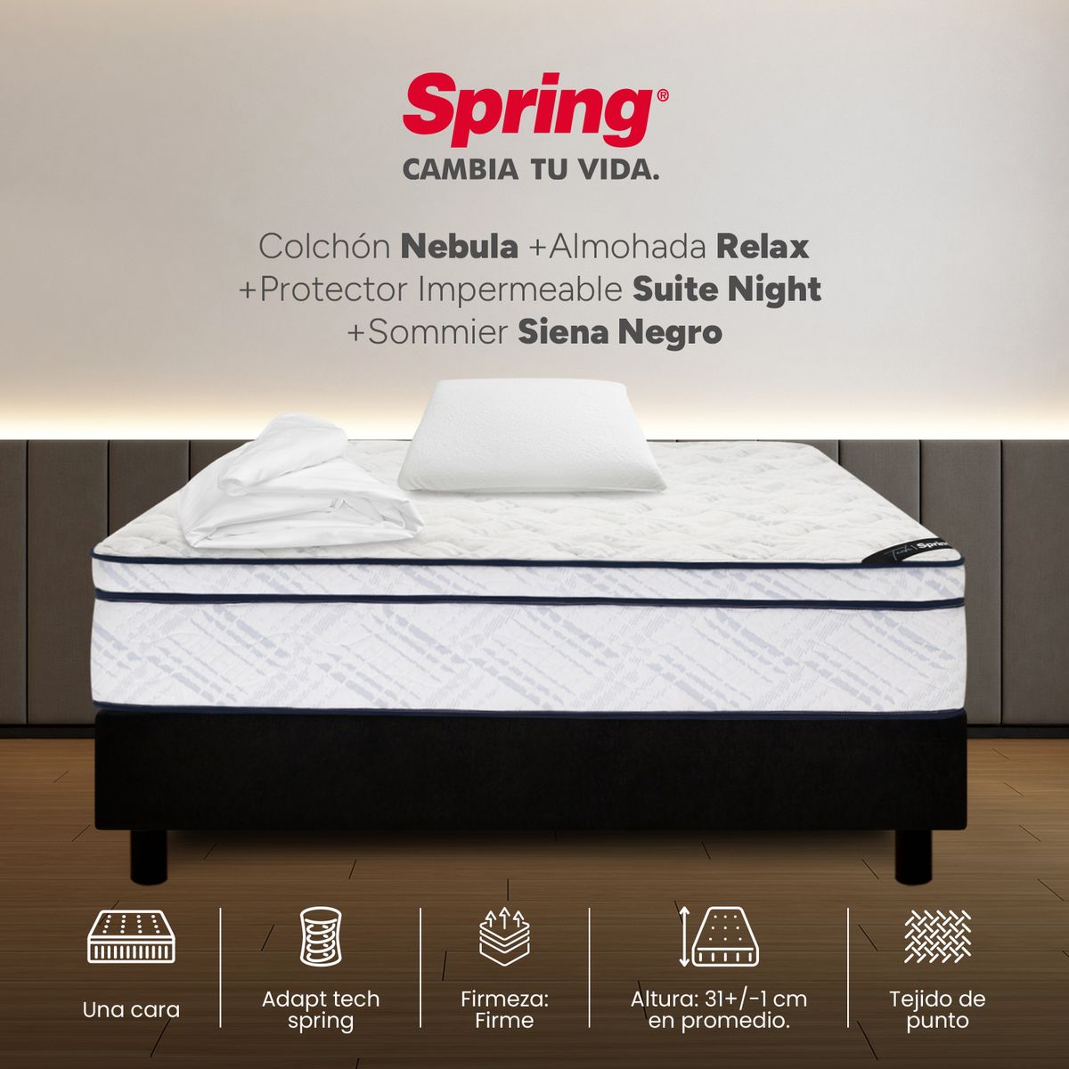 COLCHONES SPRING - Colchón Spring Sencillo Con Base Cama Firme Ortopédico Resortado Nebula 100 x 190 cm + Almohada + Protector