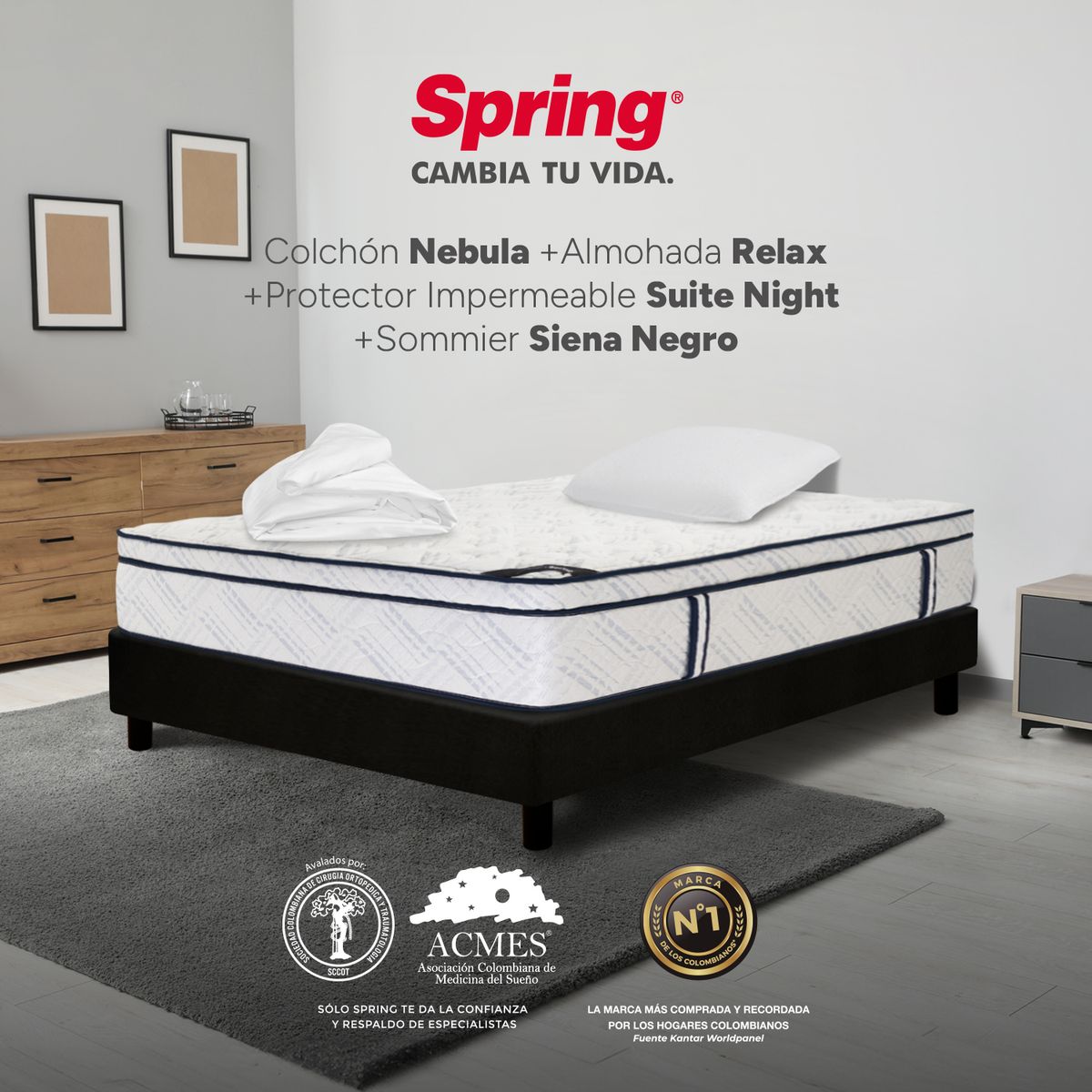 COLCHONES SPRING - Colchón Spring Sencillo Con Base Cama Firme Ortopédico Resortado Nebula 100 x 190 cm + Almohada + Protector