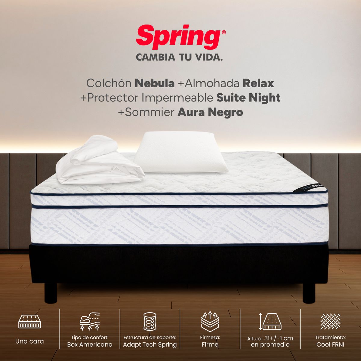 COLCHONES SPRING - Colchón Spring Semidoble Con Base Cama Firme Ortopédico Resortado Nebula 120 x 190 cm + Almohada + Protector