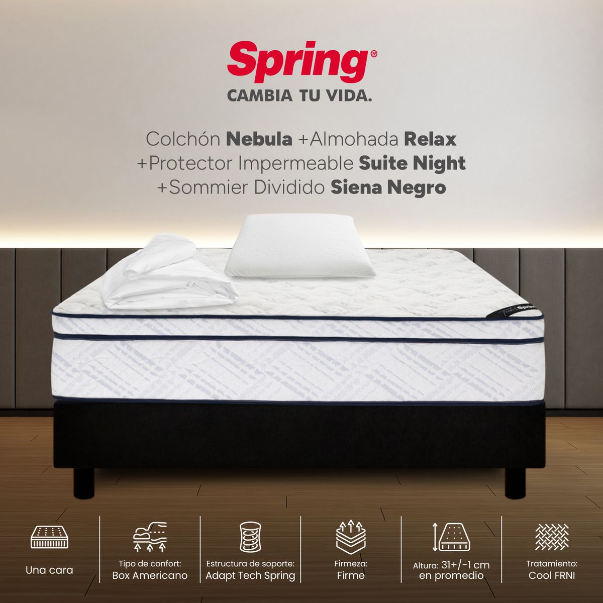 COLCHONES SPRING - Colchón Spring Semidoble Con Base Cama Firme Ortopédico Resortado Nebula 120 x 190 cm + Almohada + Protector