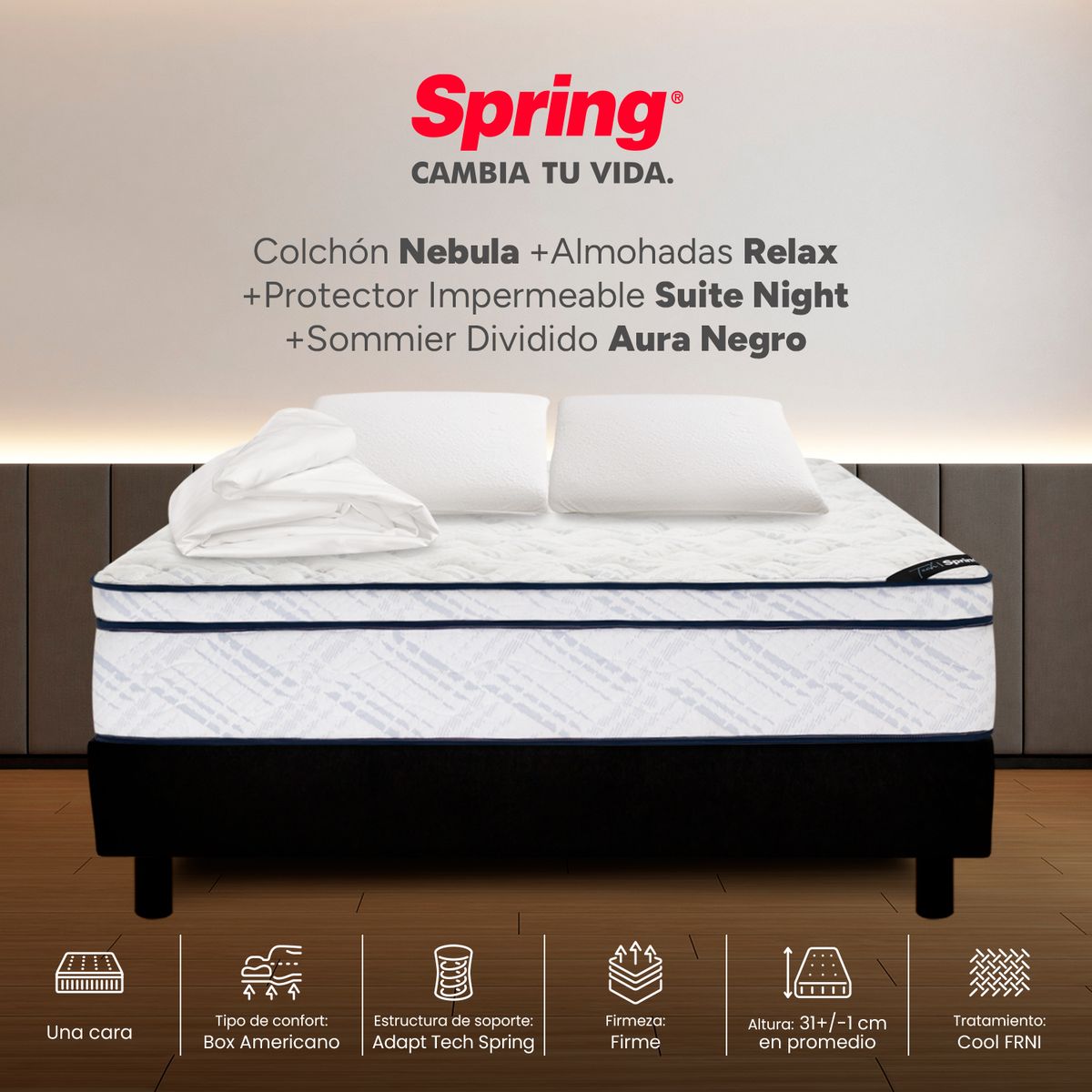 COLCHONES SPRING - Colchón Spring King Con Base Cama Firme Ortopédico Resortado Nebula 200 x 200 cm + 2 Almohadas + Protector