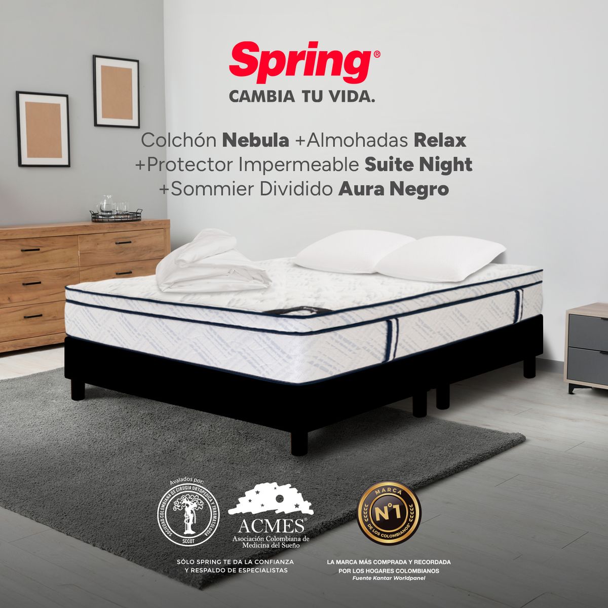 COLCHONES SPRING - Colchón Spring King Con Base Cama Firme Ortopédico Resortado Nebula 200 x 200 cm + 2 Almohadas + Protector