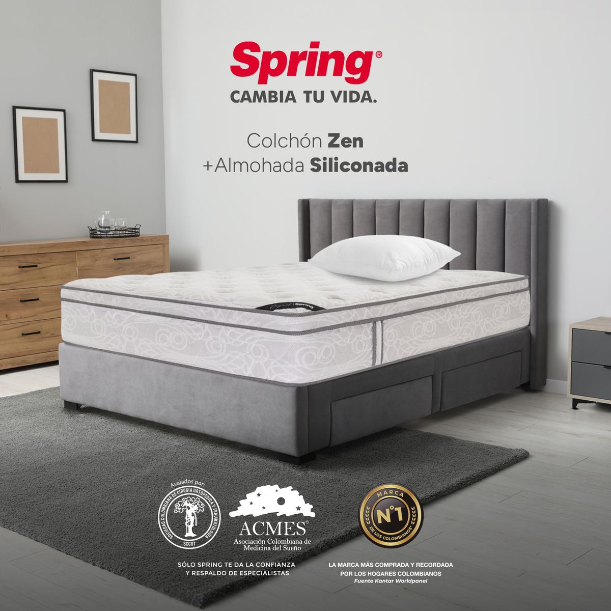 COLCHONES SPRING - Colchón Spring Semidoble Firmeza Media Ortopédico Resortado Zen 120 x 190 cm + Almohada