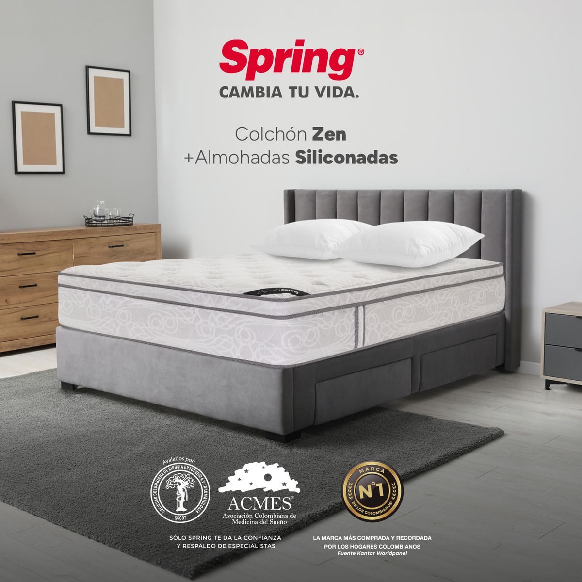 COLCHONES SPRING - Colchón Spring King Firmeza Media Ortopédico Resortado Zen 200 x 200 cm + 2 Almohadas