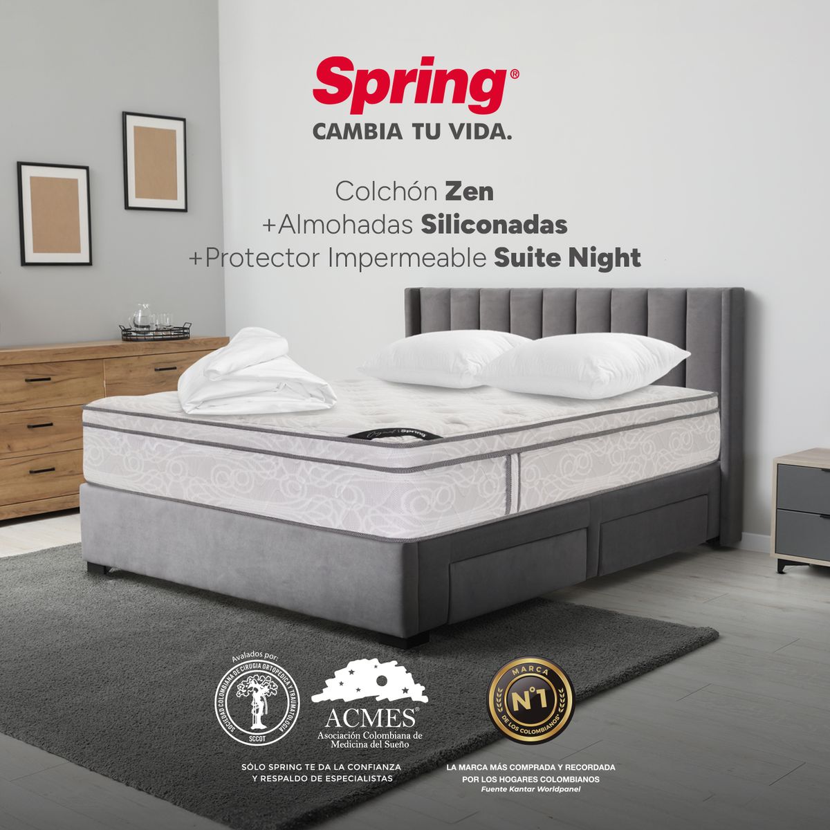 COLCHONES SPRING - Colchón Spring Queen Firmeza Media Ortopédico Resortado Zen 160 x 190 cm + 2 Almohadas + Protector