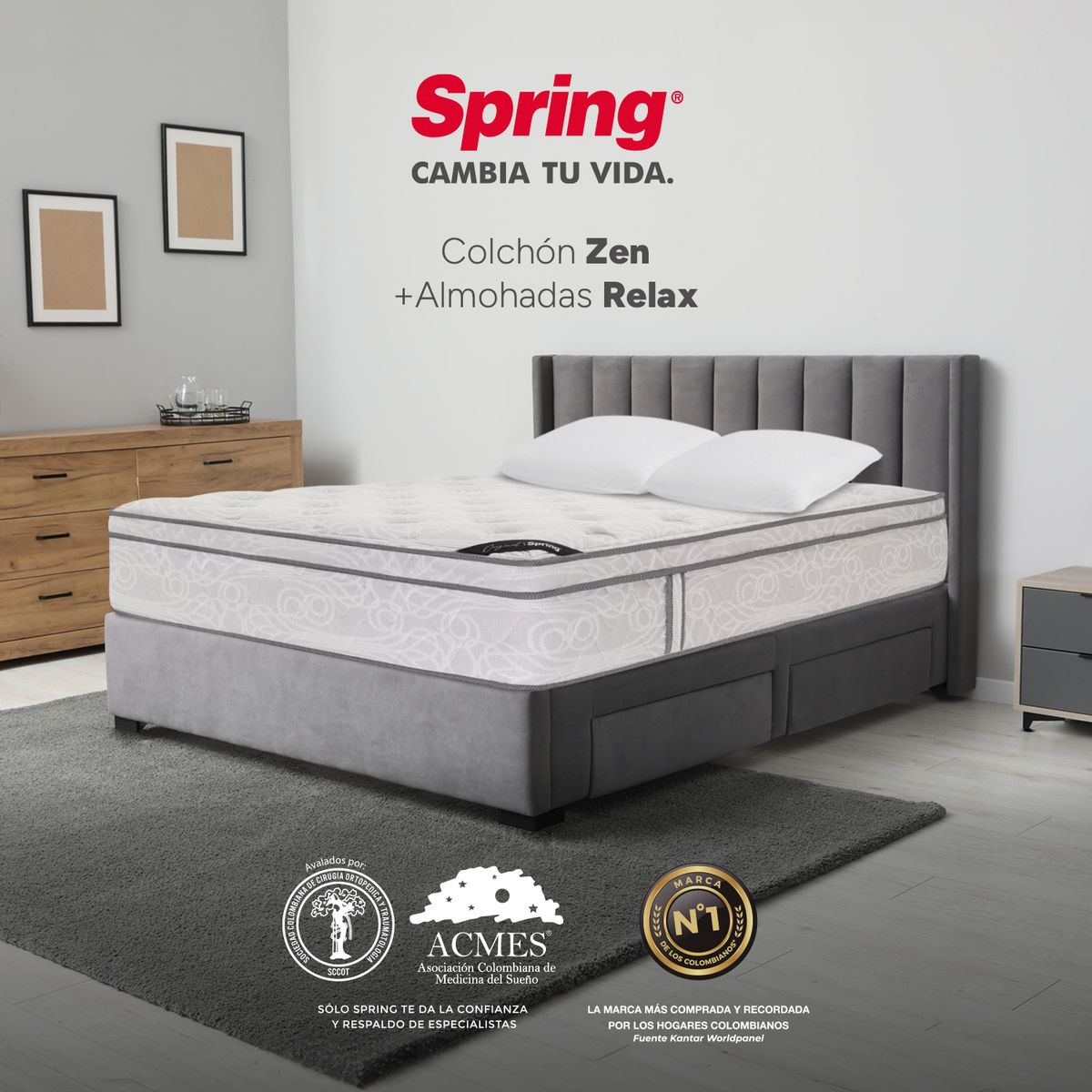 COLCHONES SPRING - Colchón Spring Doble Firmeza Media Ortopédico Resortado Zen 140 x 190 cm + 2 Almohadas